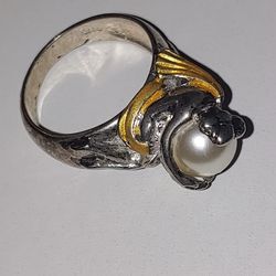 HANDMADE ART DESIGN PEARL SILVER PLATED  RING**SIZE: 8-9**