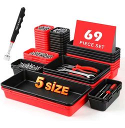 TOOLEAGUE 69Pcs & 5 Sizes Tool Box Organizer Tray Set with 15Lb Magnetic Pickup Pen,Drawer Organizer Bin, Garage Organization and Storage Workshop Rol