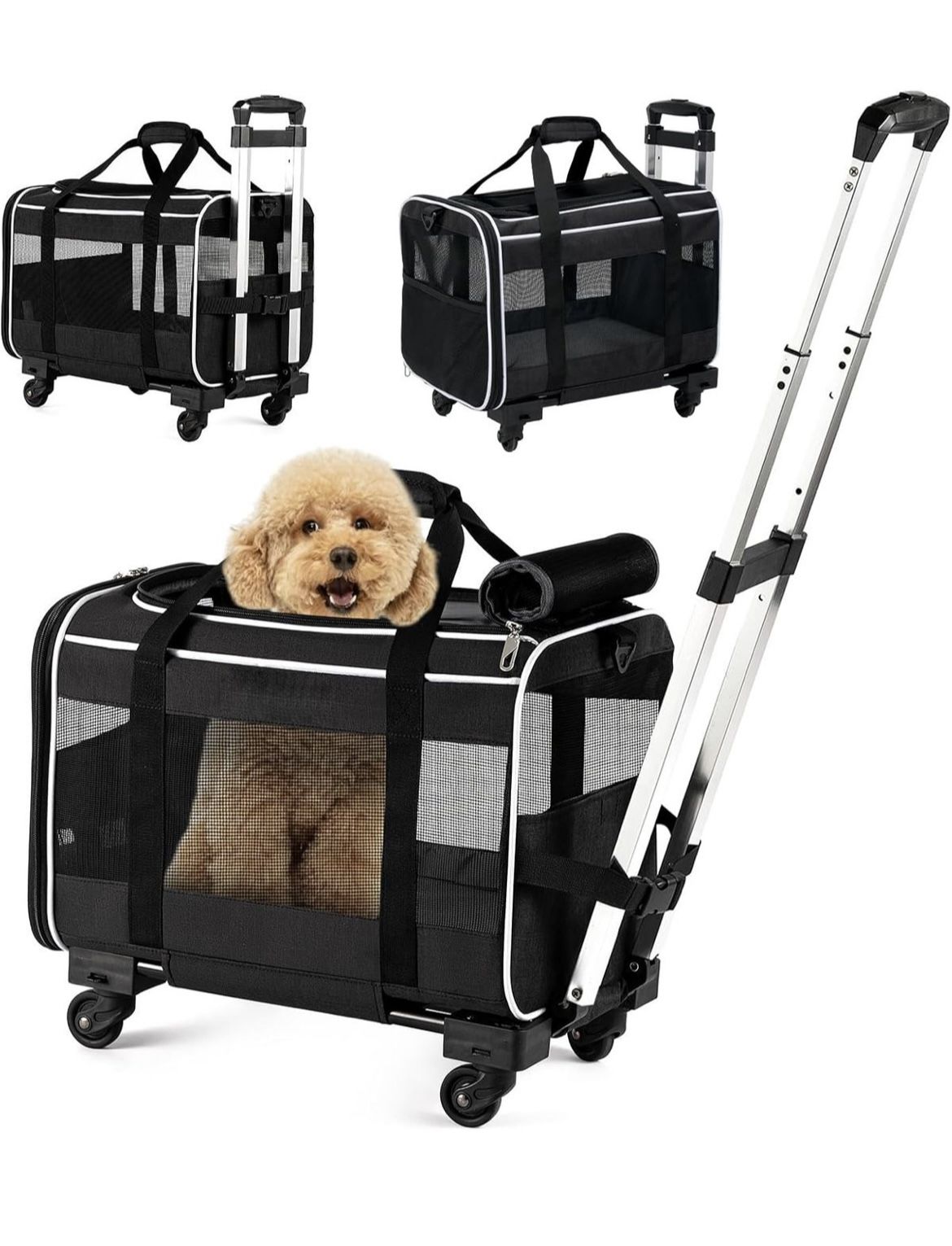 Rolling Dog Carrier Black Mesh Telescoping Handle Wheels