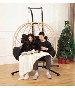 Double Indoor/Outdoor Wicker Swing Egg Chair Hammock Foldable Hanging Loveseat with Stand