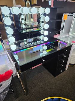 Brand New Vanity 6 Drawers Black With RGB Light Inside Desk, Hollywood Mirror & Side Shelve From $899 now $799