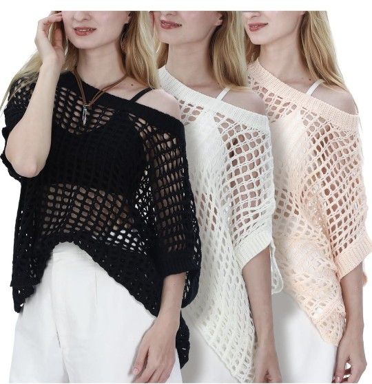 3-Pack Women's Knitted Crochet Off-Shoulder Tops, Swimsuit Cover-Up Sweater NIB