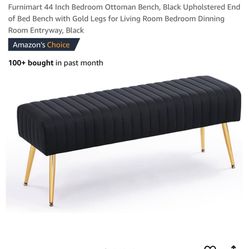 Furnimart 44 Inch Bedroom Ottoman Bench, Black Upholstered End of Bed Bench with Gold Legs for Living Room Bedroom Dinning