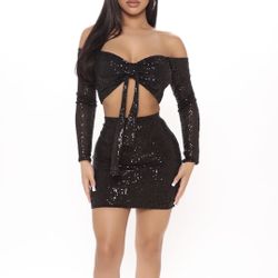 Fashion Nova Black Glitter Skirt Set 