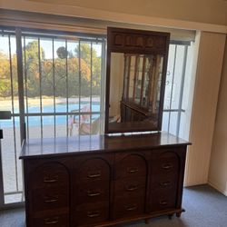 vintage wood double dresser with attached mirror