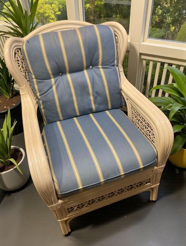 Vintage Rattan Lounge Chair w Blue & Yellow Striped Cushions – Made in Philippines 