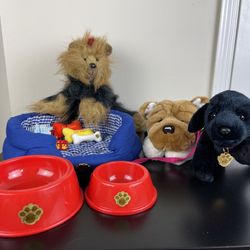 3 Plush Dogs. Stuffed Toys. Yappy the Dog. Black Lab. Bulldog Puppy. Accessories