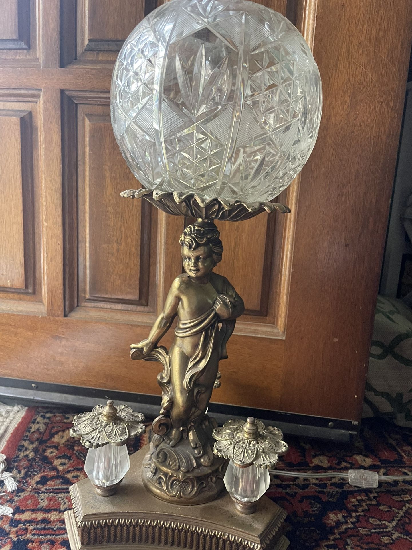 Vintage Gold And Crystal Cherub Lamp