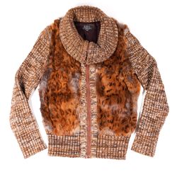 Echt Kanin Pelz Rabbit Fur Jacket Knitted Zip Up Coat Sweater Size 36