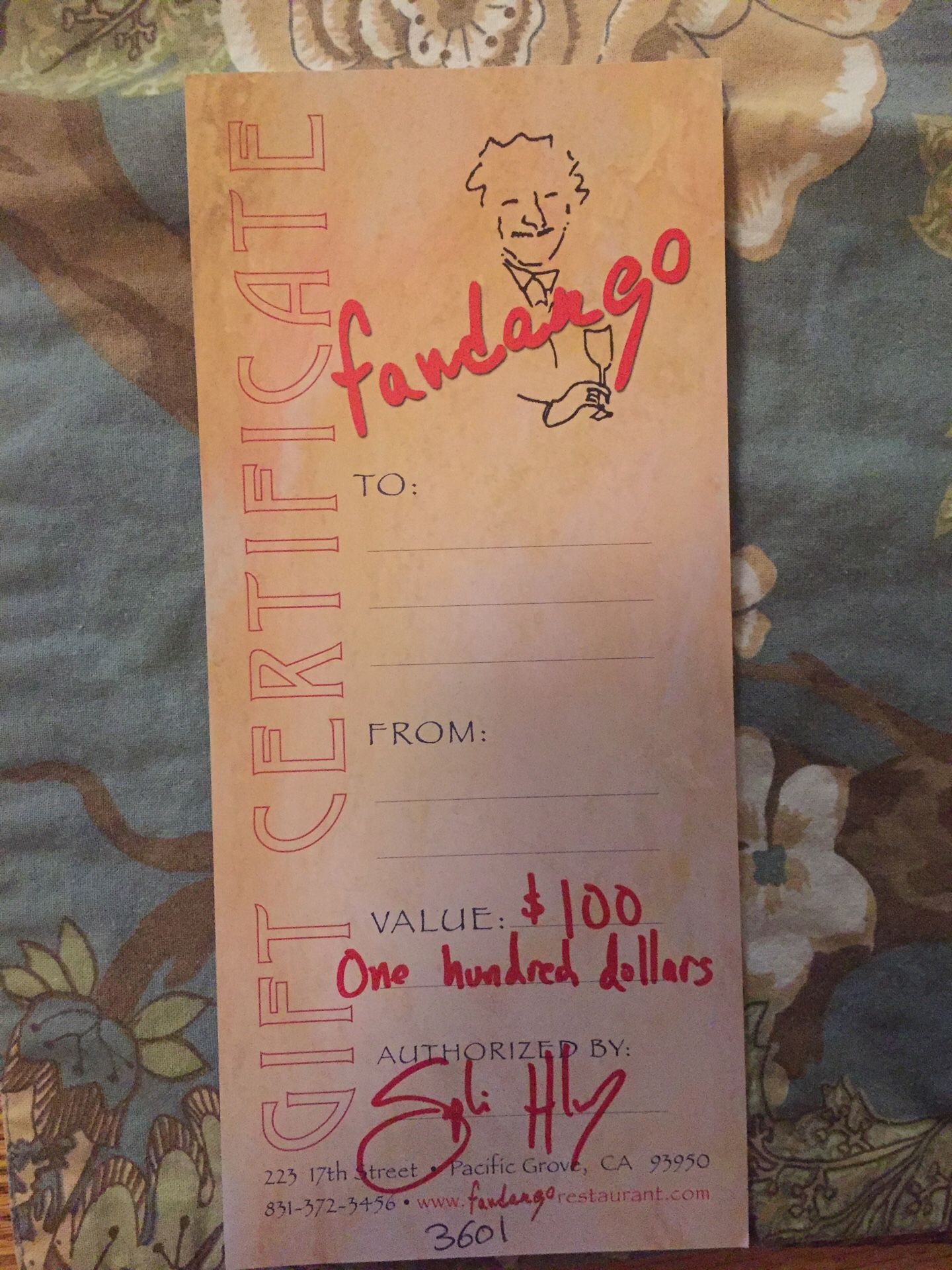 $100 Fandango Restaurant gift certificate