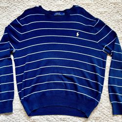 Men’s Ralph Lauren Blue Sweater With Light Blue Stripes Size Large