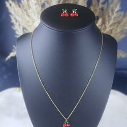 Gold Plated Cherry Pendant Necklace and Stud Earrings Set 