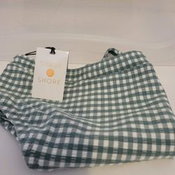 Shade & Shore Women's High Waist Swim Bikini Bottom Size Large Green Gingham NEW