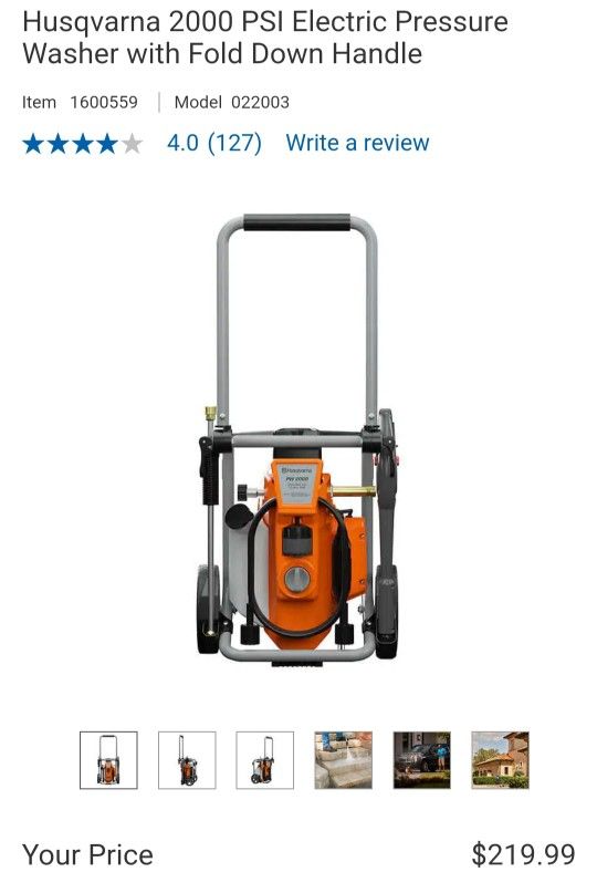 Husqvarna 2000 PSI Electric Pressure Washer with Fold Down Handle