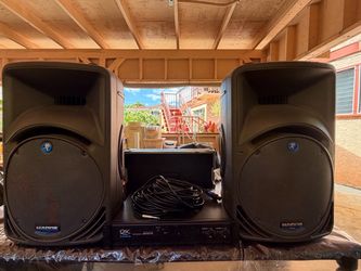 PA speakers and amplifier