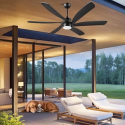 64 Inch Waterproof Outdoor Ceiling Fan with Light Remote for Patios, Matte Black Propeller Ceiling Fan with Dimmable LED Light, 6 Blades ABS Noiseless