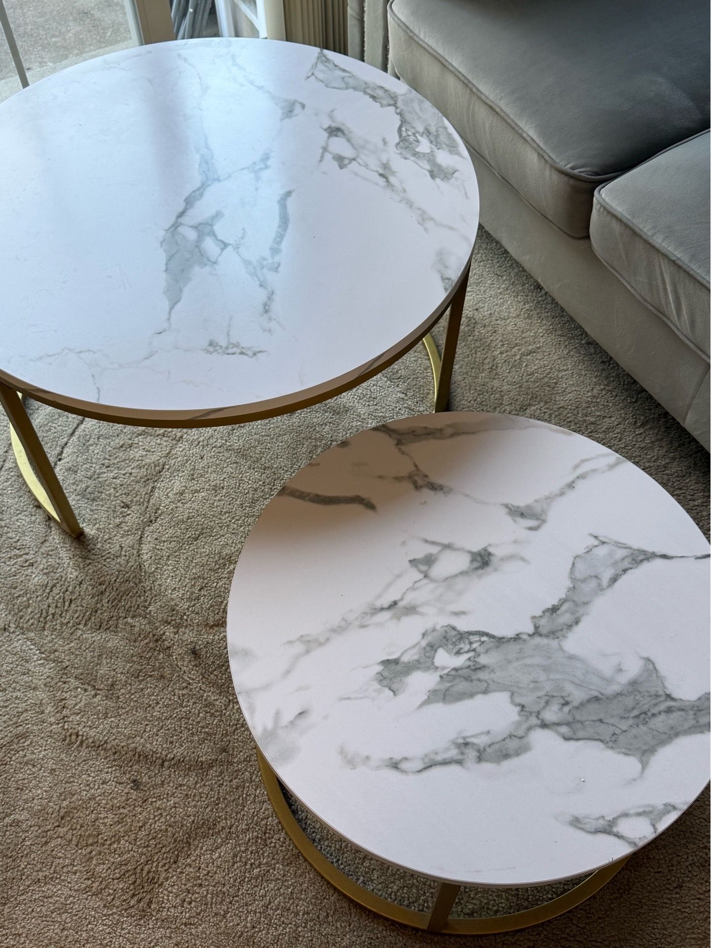 Coffee Table Set of 2, 31.5" Round Coffee Table Wooden Marble Pattern Accent Furniture, Industrial End Table for L