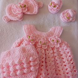 Crochet Baby Girl Pink Rosebud Heirloom Dress Set Photo Prop 