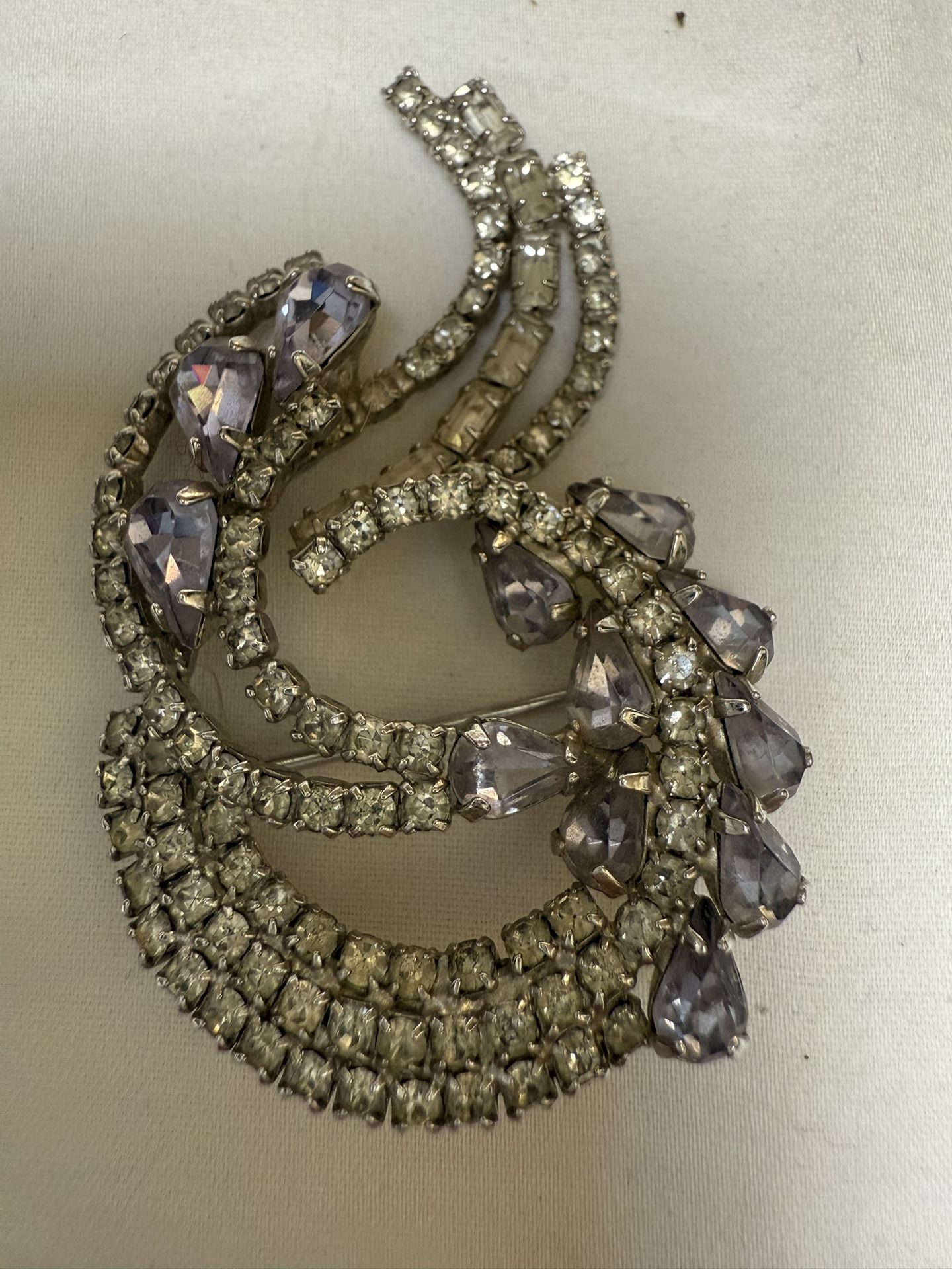 Lavender And Rhinestone Brooch In Crescent Wave Like Design Vintage
