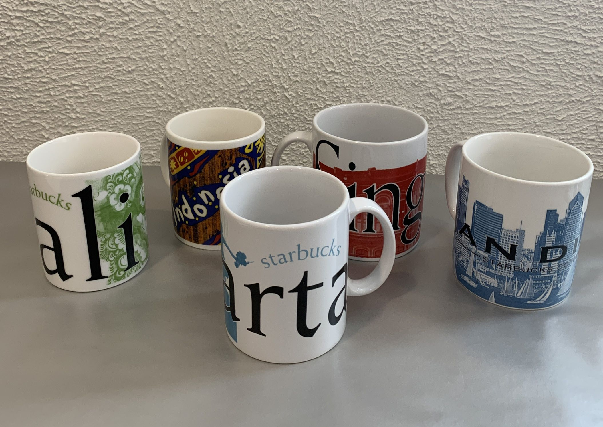 A Collection Of 6 Domestic And International Starbucks Coffee , Tea Mug Collection Series Jakarta, Indonesia Sandiego sky line Singapore Bali 2011