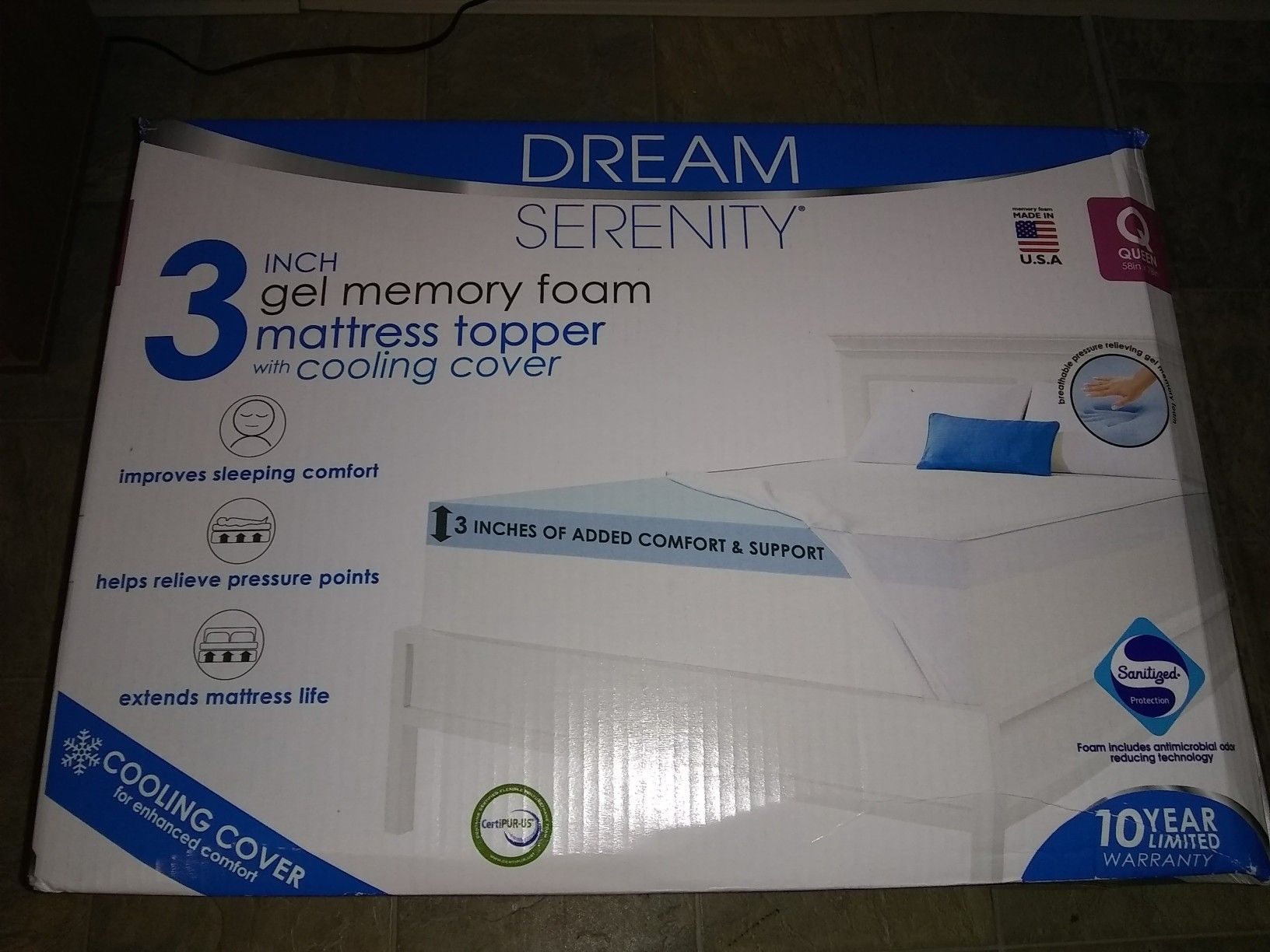 New Dream serenity 3 inch gel memory foam mattress topper with cooling cover never removed from original packaging