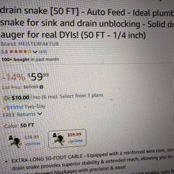 Drain Snake 50ft - Auto feed
