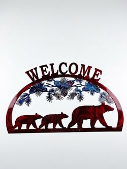 3 Bear Facing Right Pinecone 1/2 Oval Metal Sign 23.5x13.5