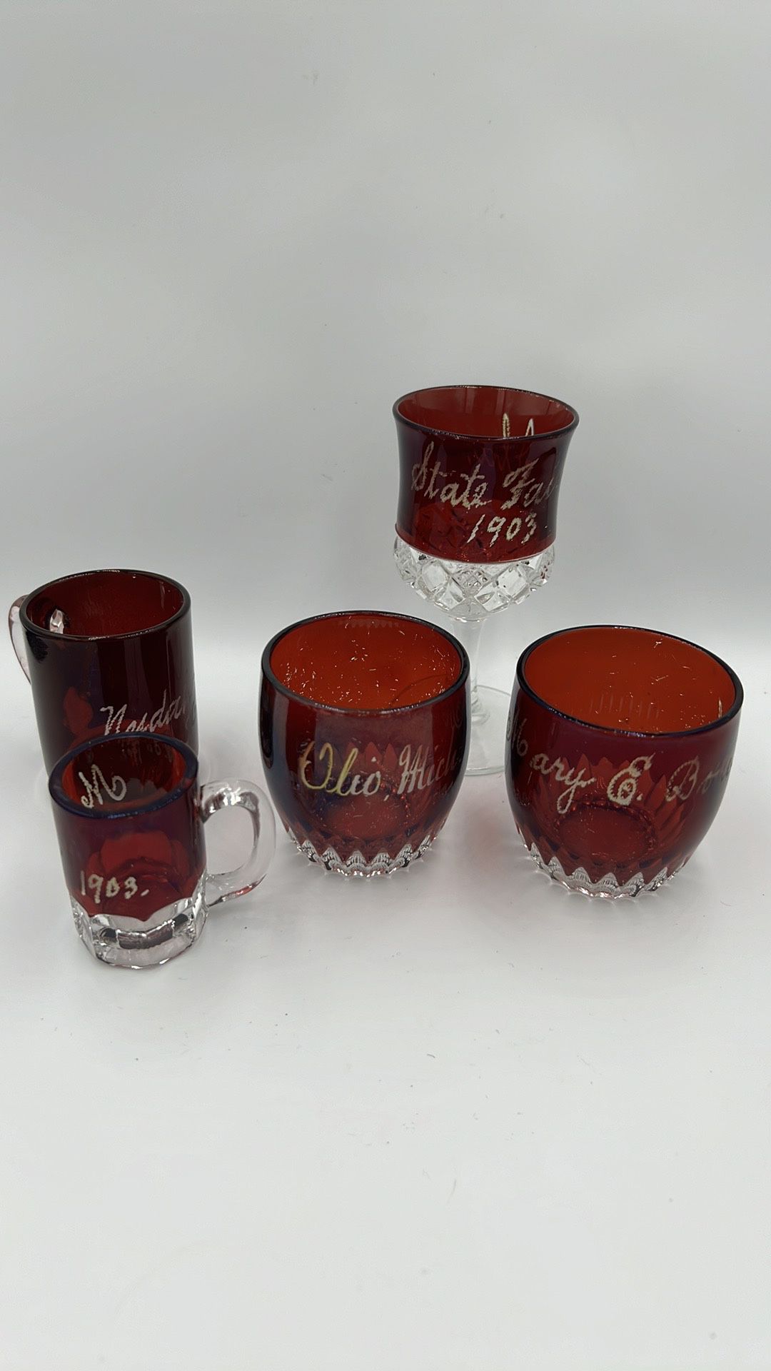 Antique Ruby flashed and Clear Glass state fair Ohio Souvenir cups, shot glass