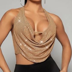 Draped front backless sequin halter top