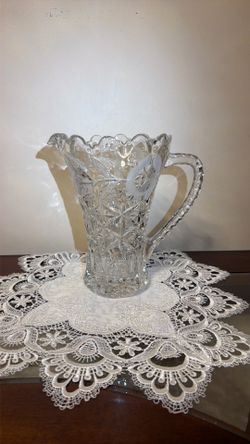vintage cut and etched crystal/glass water pitcher.