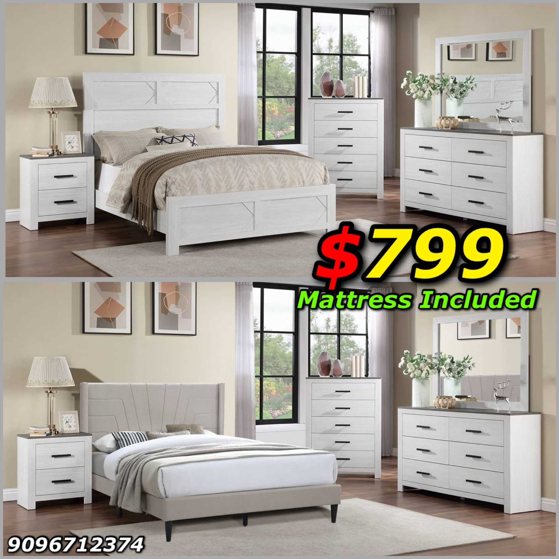 4pcs Queen Size Bedroom Set w. Mattress Included
