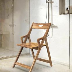 Solid Teak Folding Shower Chair Pivot Back Arms 350lb Anti-Slip Bath Seat