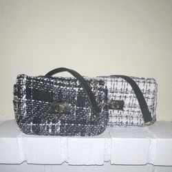 H&M Tweed Plaid Women’s Shoulder Bag Black & White Set Turn Lock Gold Hardware