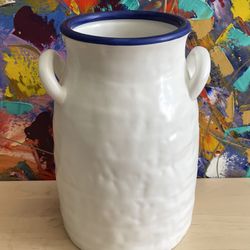 Charming White Ceramic Vase with Blue Rim and Handles