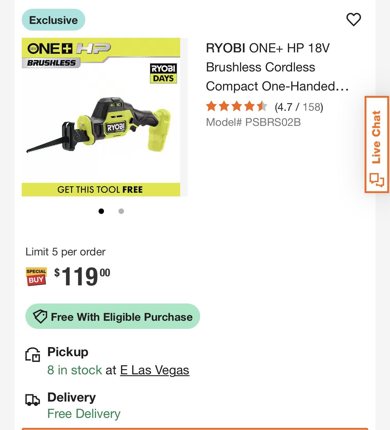 Ryobi ONE+ HP 18V Brushless Cordless Compact One-Handed Reciprocating Saw (Tool Only)