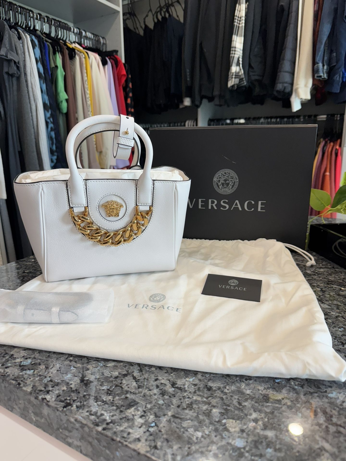 Versace La Medusa Gold Plaque White Leather Small Crossbody Tote Bag