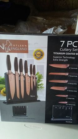 Four Sets Brand New In Box 7 pc. New England Cutlery Titanium Coated knife set and block.
