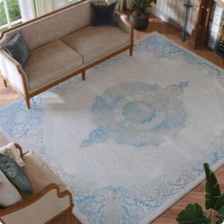 5x7 and 6x9 Machine Washable Low Pile Nonslip Vintage Area Rug, Blue/Gray, NEW