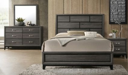 Brand new grey finish queen bed frame, dresser, mirror, nightstand bedroom set, mattress is extra