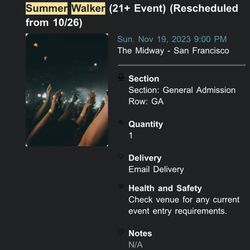 SUMMER WALKER TICKET (1) IN SF TONIGHT (11/19) 