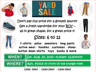 Yard Sale: Boys Clothes: 6-12; Shoes: Sz 3; Toys; Customes, Books...