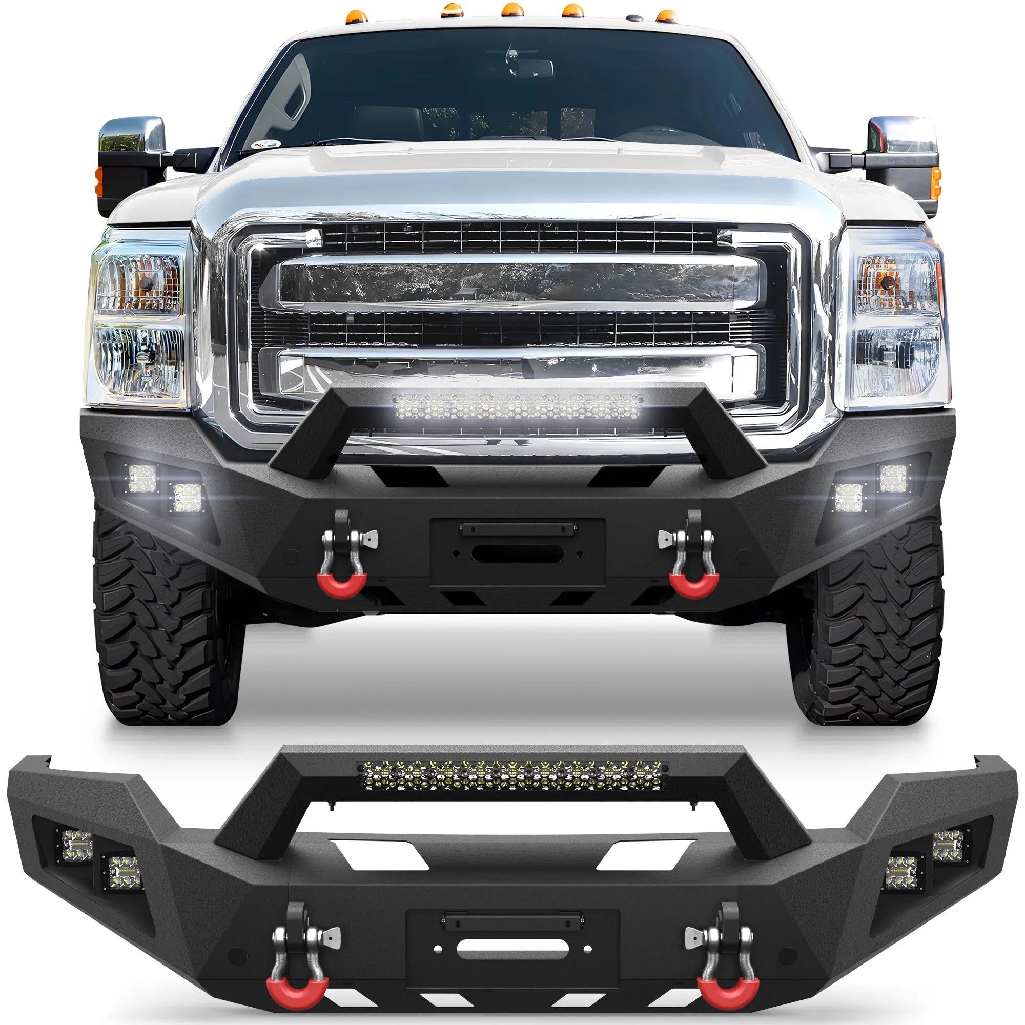 Pofenze Front Bumper For 2011-2016 Ford F250/F350/F450 Full Width Offroad Bumper W/Winch Plate, 144W Light Bar, 4x18w Lights, D-Rings, License Plate B