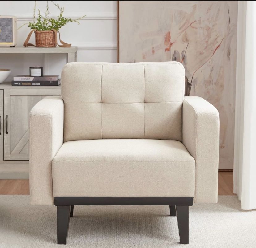 Mid Century Accent Chair,Beige Linen Fabric Armchair for Living