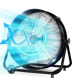 LifePlus 24 Inch Drum Fan High-Velocity Floor Fan 3 Speed, Industrial Metal Air Circulator with Adjustable Tilt & Large Wheel for Warehouse, Garage, F