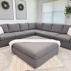 Living Spaces Grey Sectional Couch W/ Matching Ottoman