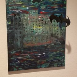 Batman Flying over Gotham city Painting by Francesco Corona local artist. 