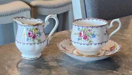 Vintage Royal Albert Petit Point China Tea Cup, Saucer, and Creamer Pitcher Set