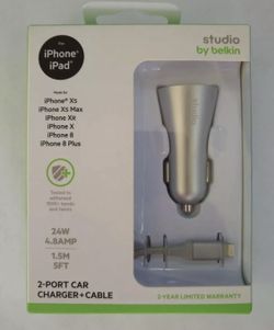 NEW Belkin 2-Port Car Charger + Cable for iPhone and iPad 24W 4.8AMP 5 Feet Silver