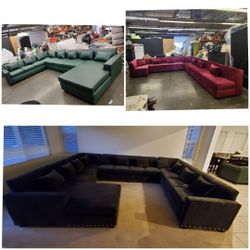 NEW 10X14X5.5FT U SOFA GREEN LEATHER/  5.5ft X13X14FT U SOFA ROYALTY WINE/ 5.5TF X10X13X10ft  U SECTIONAL  Velvet BLACK Fabric Sofa/ More Color Availa