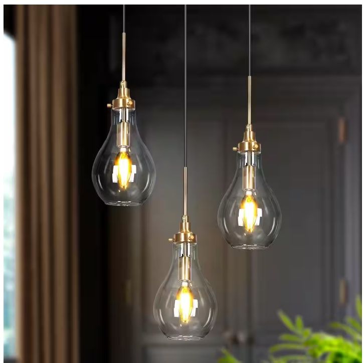 Uolfin Transitional Kitchen Island Cluster Pendant Light 3-Light Plating Brass Pendant Light with Teardrop Clear Glass Shades